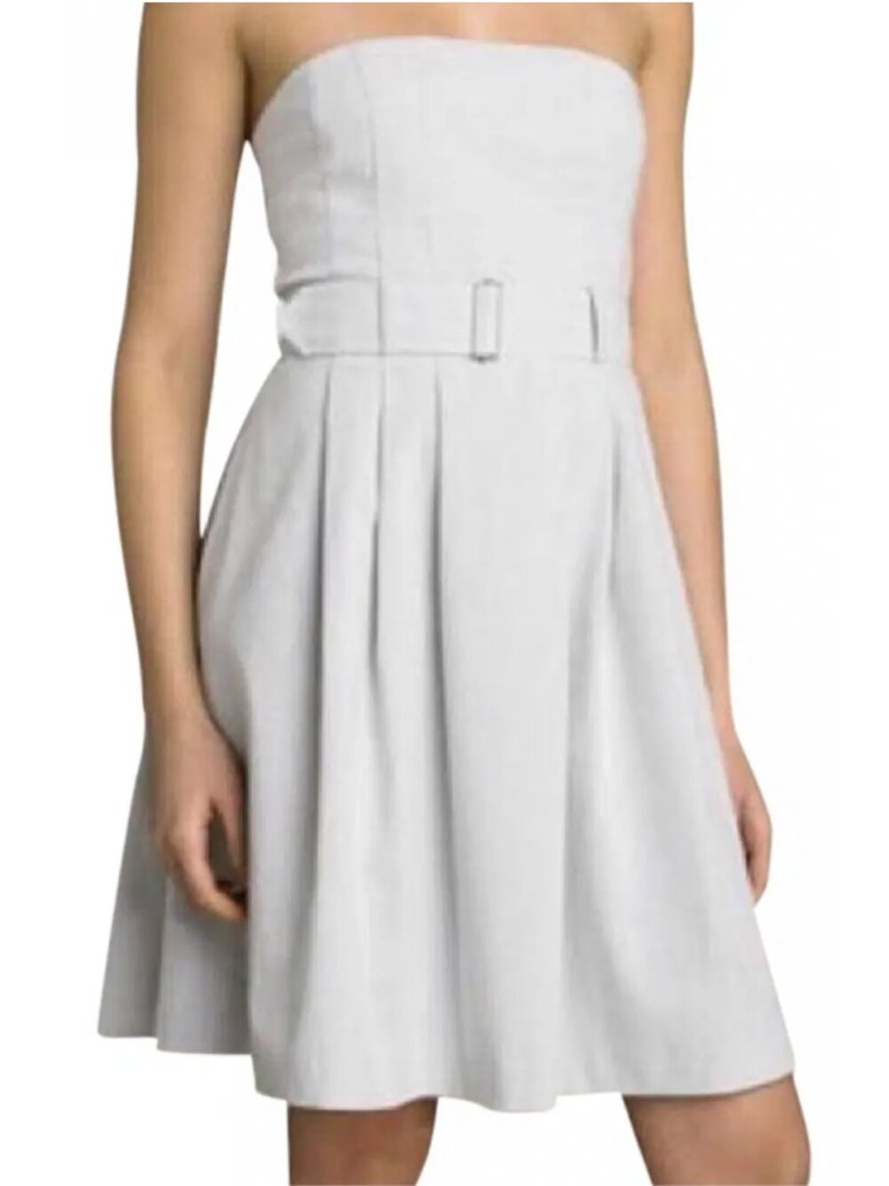 Theory Blue Seersucker Fit and Flare Strapless Belted Dress Size 4